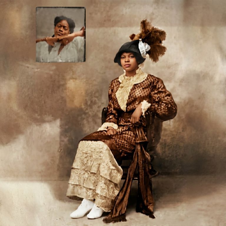 Restored and colorized vintage portrait of a woman in a feathered hat