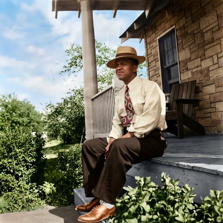 Restored and colorized vintage photo: Man in a straw hat on a porch