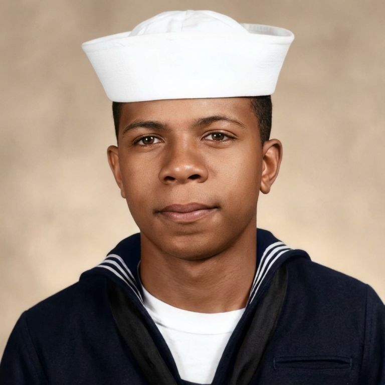 Restored and colorized portrait of a young Navy sailor